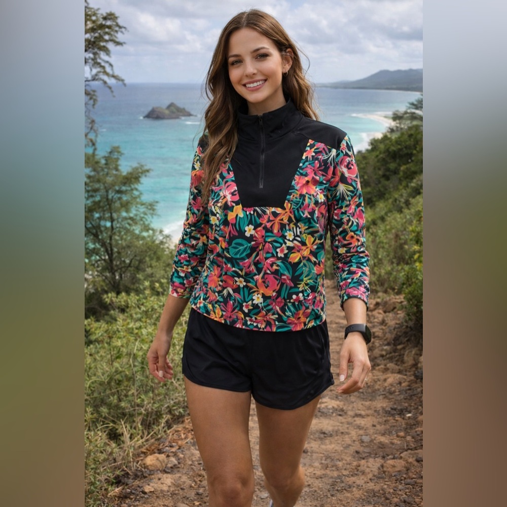 Hurley Womens S Floral Half Zip Pullover Jacket Top Black Neck Active New Tags